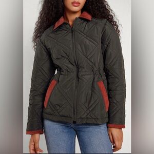 Rouje Paris Quilted Dark Olive Brownish Jacket Rust Red Trim Puffer Coat
